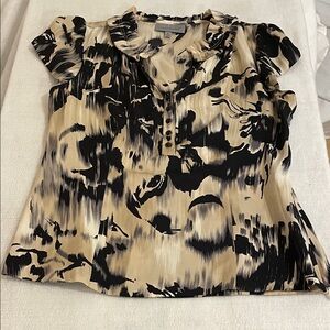 Classiques Entier 100% Silk Beige and Black Abstract Ruffle-Trim Blouse